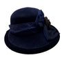 Langston Bourgin Black Velvet Cloche Hat With Navy Blue and Brown Floral Accent