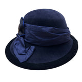 Langston Bourgin Black Velvet Cloche Hat With Navy Blue and Brown Floral Accent