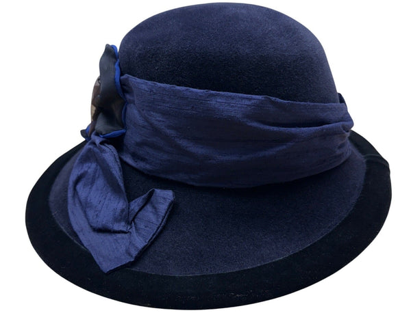 Langston Bourgin Black Velvet Cloche Hat With Navy Blue and Brown Floral Accent