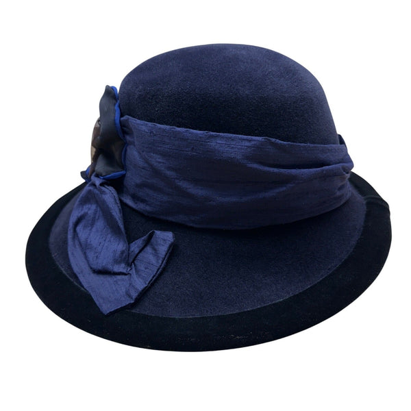 Langston Bourgin Black Velvet Cloche Hat With Navy Blue and Brown Floral Accent