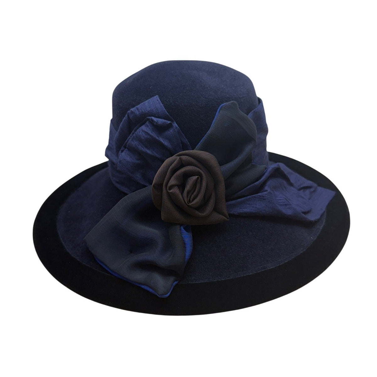 Langston Bourgin Black Velvet Cloche Hat With Navy Blue and Brown Floral Accent