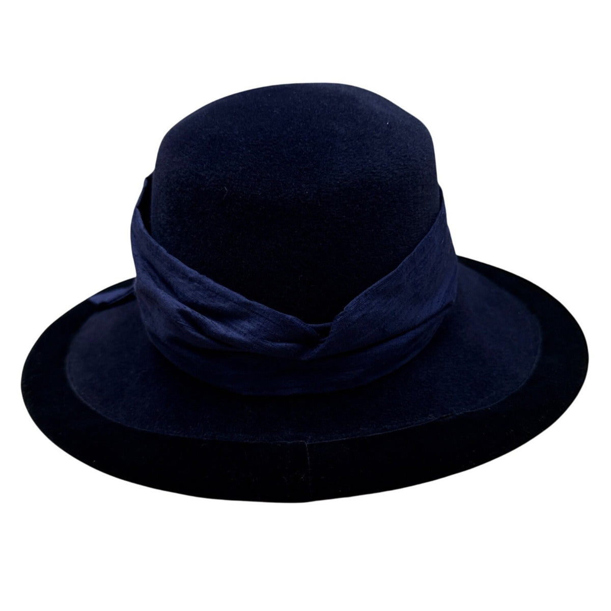 Langston Bourgin Black Velvet Cloche Hat With Navy Blue and Brown Floral Accent