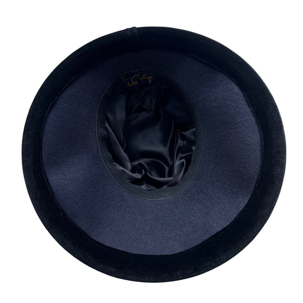 Langston Bourgin Black Velvet Cloche Hat With Navy Blue and Brown Floral Accent