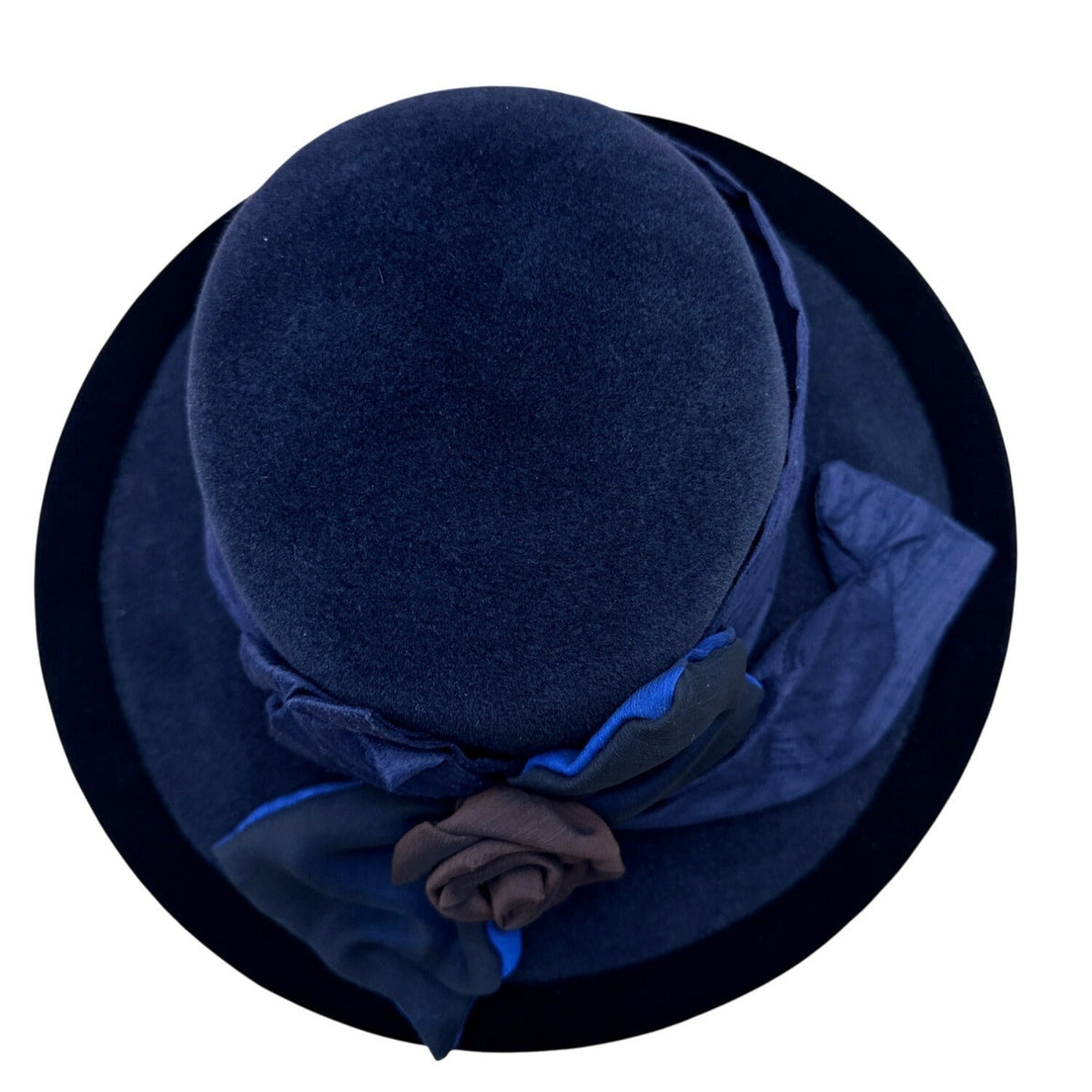 Langston Bourgin Black Velvet Cloche Hat With Navy Blue and Brown Floral Accent