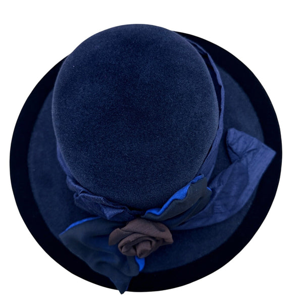 Langston Bourgin Black Velvet Cloche Hat With Navy Blue and Brown Floral Accent