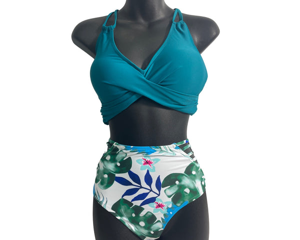 Cupshe Teal & Tropical Leaf Print High Waisted Bikini Set Sz L - New