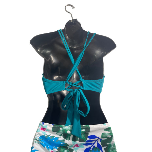 Cupshe Teal & Tropical Leaf Print High Waisted Bikini Set Sz L - New