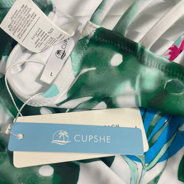 Cupshe Teal & Tropical Leaf Print High Waisted Bikini Set Sz L - New