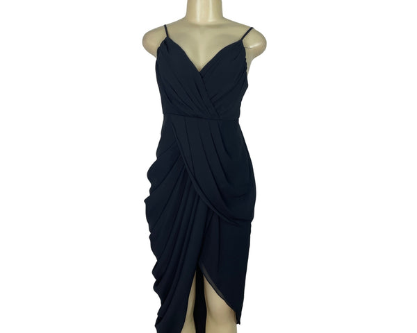 Do+Be Black Draped Midi Dress With Spaghetti Straps Elegant Size S - New