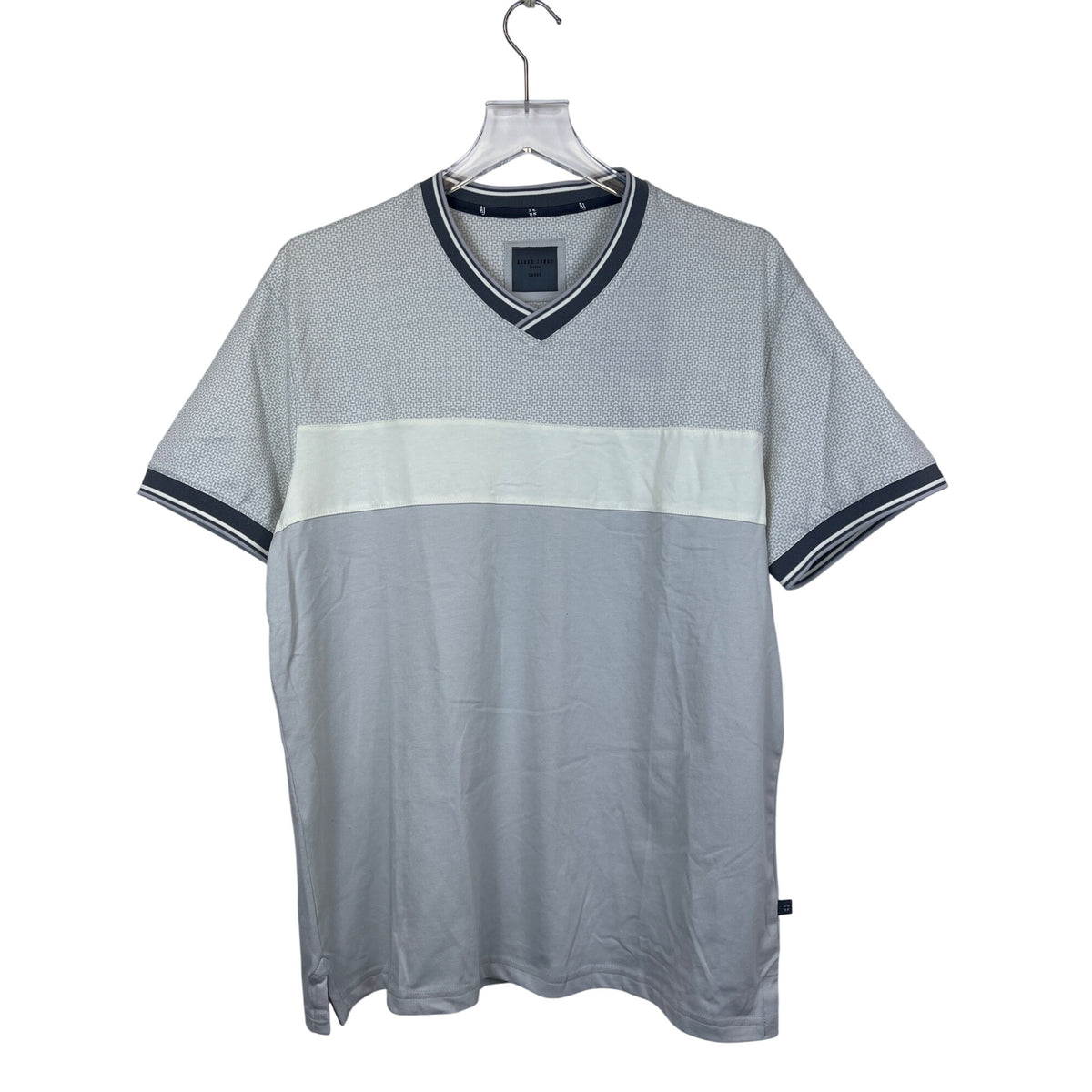 Asher Jones London Mens Gray Cotton Blend V-Neck Short Sleeve Shirt Geometric Large
