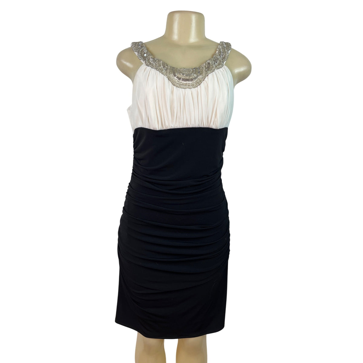 Js Boutique Ruched Black & White Sleeveless Dress With Beaded Neckline  Szize 10