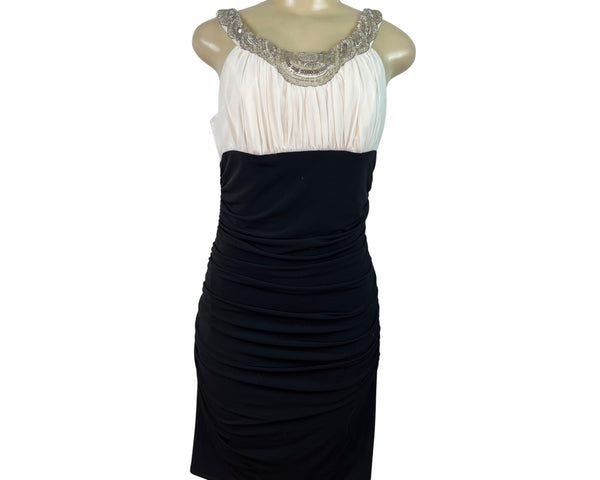 Js Boutique Ruched Black & White Sleeveless Dress With Beaded Neckline Szize 10