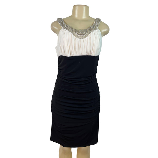 Js Boutique Ruched Black & White Sleeveless Dress With Beaded Neckline  Szize 10