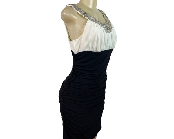 Js Boutique Ruched Black & White Sleeveless Dress With Beaded Neckline Szize 10
