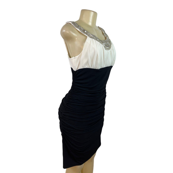 Js Boutique Ruched Black & White Sleeveless Dress With Beaded Neckline  Szize 10