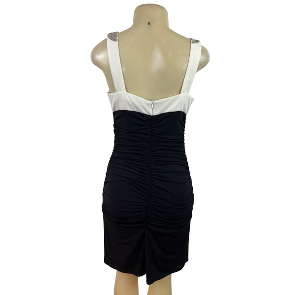 Js Boutique Ruched Black & White Sleeveless Dress With Beaded Neckline  Szize 10