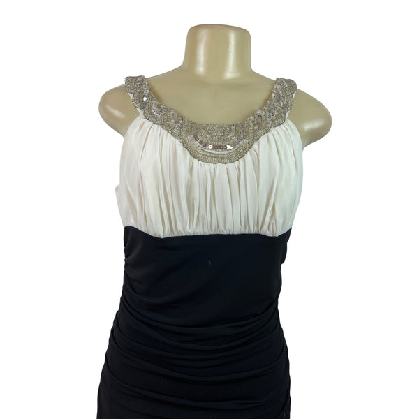 Js Boutique Ruched Black & White Sleeveless Dress With Beaded Neckline  Szize 10