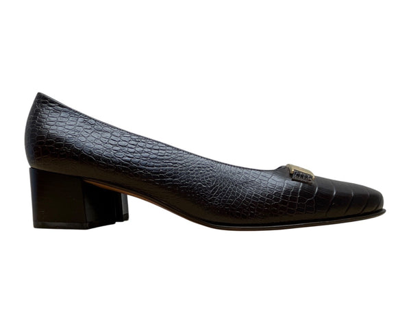 Salvatore Ferragamo Brown Croc-Embossed Leather Block Heel Loafers Sz 5.5B- New