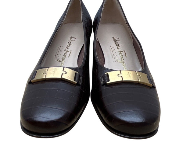 Salvatore Ferragamo Brown Croc-Embossed Leather Block Heel Loafers Sz 5.5B- New