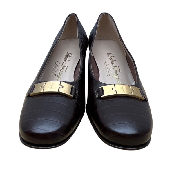 Salvatore Ferragamo Brown Croc-Embossed Leather Block Heel Loafers Sz 5.5B- New