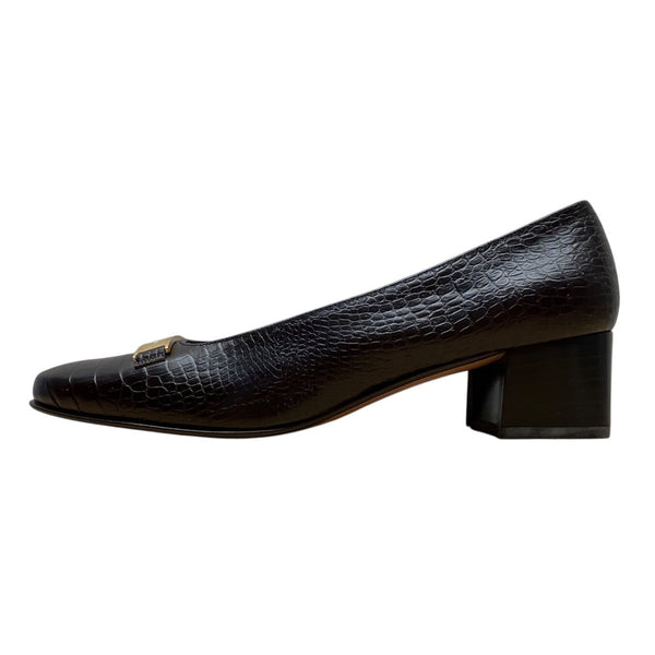 Salvatore Ferragamo Brown Croc-Embossed Leather Block Heel Loafers Sz 5.5B- New