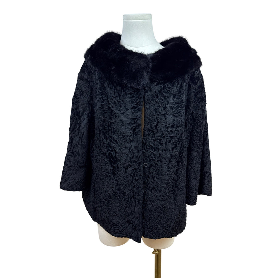 Vintage 50s - 60s Helen L Black Fur Cap Textured Body and Mink-Style Collar S/M