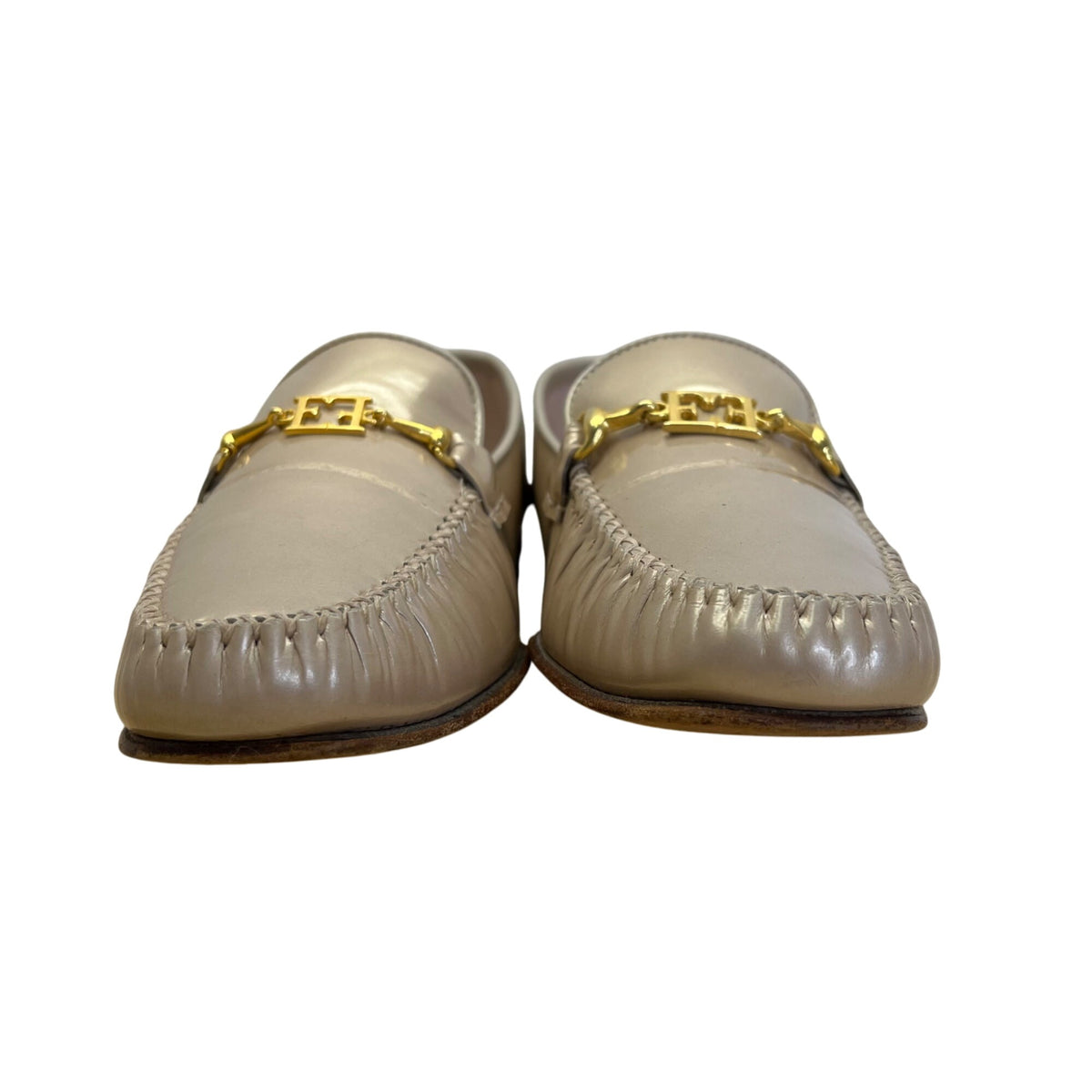 Escada Women’s Beige Leather Gold Hardware Handsewn Moccasin Loafers Size 7.5B