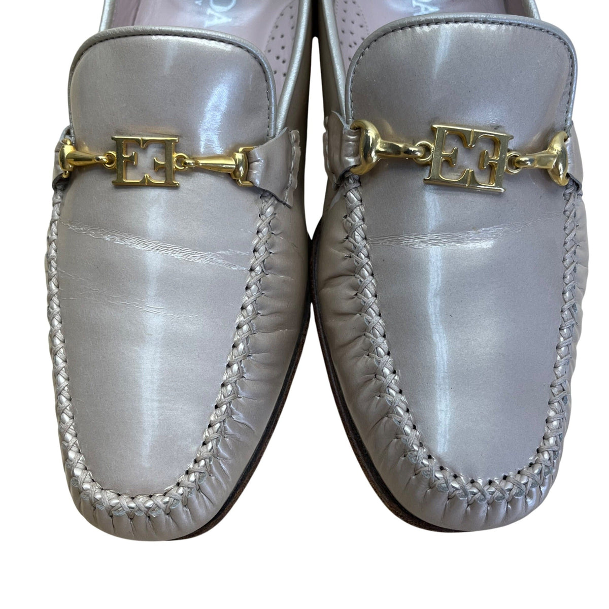 Escada Women’s Beige Leather Gold Hardware Handsewn Moccasin Loafers Size 7.5B