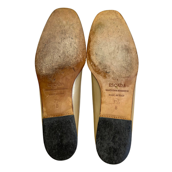 Escada Women’s Beige Leather Gold Hardware Handsewn Moccasin Loafers Size 7.5B
