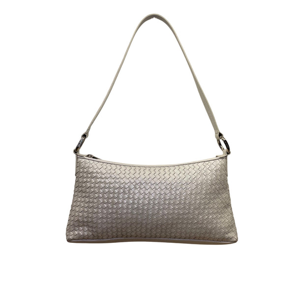 Alfani Womens White Leather Woven Zip Closure Designer Handle Shoulder Bag
