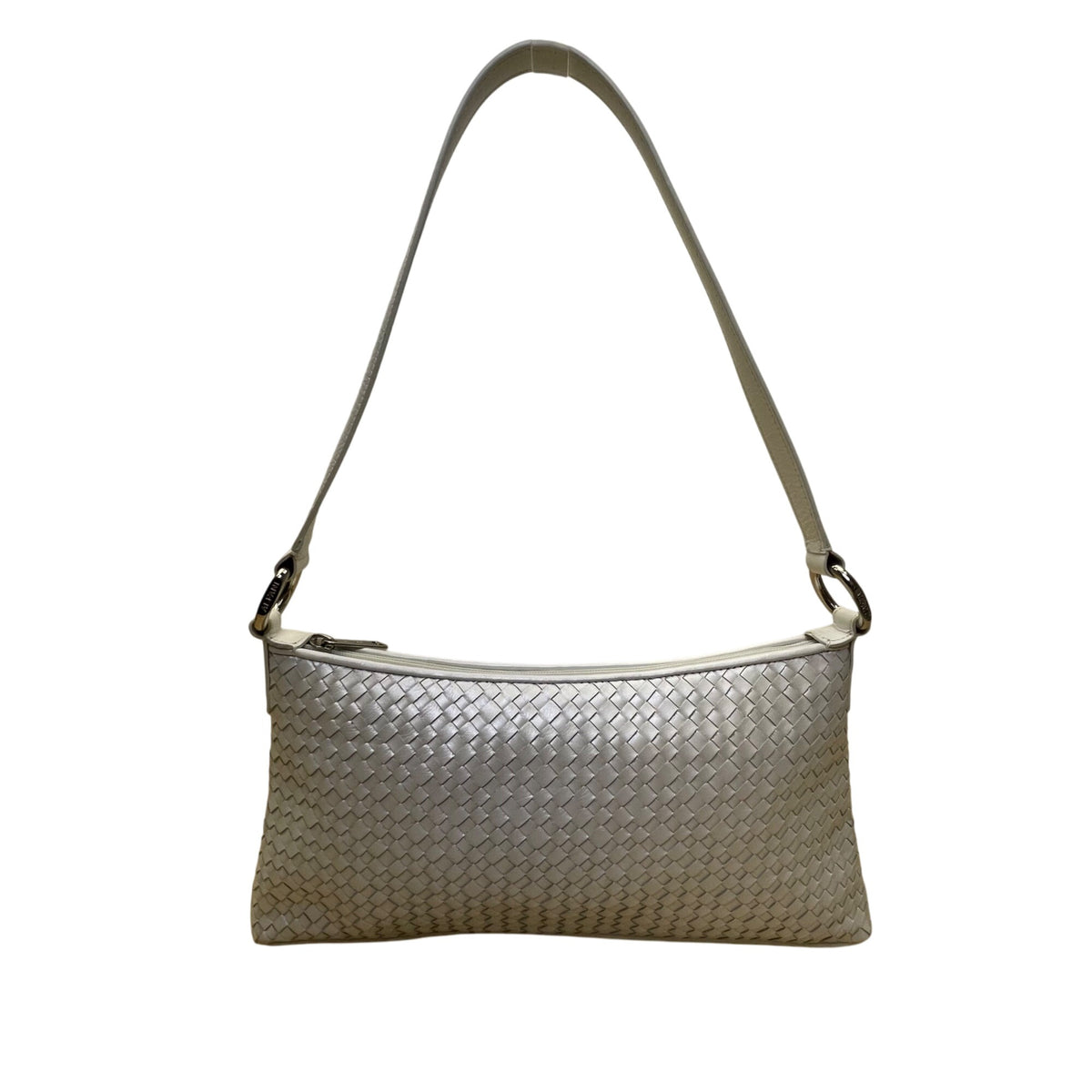 Alfani Womens White Leather Woven Zip Closure Designer Handle Shoulder Bag