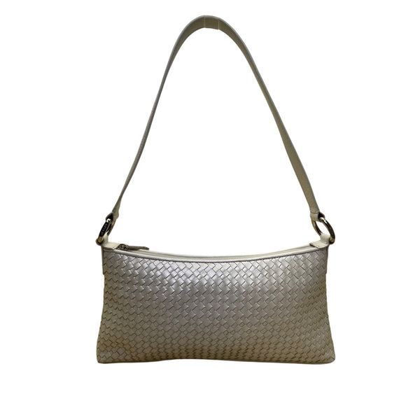 Alfani Womens White Leather Woven Zip Closure Designer Handle Shoulder Bag