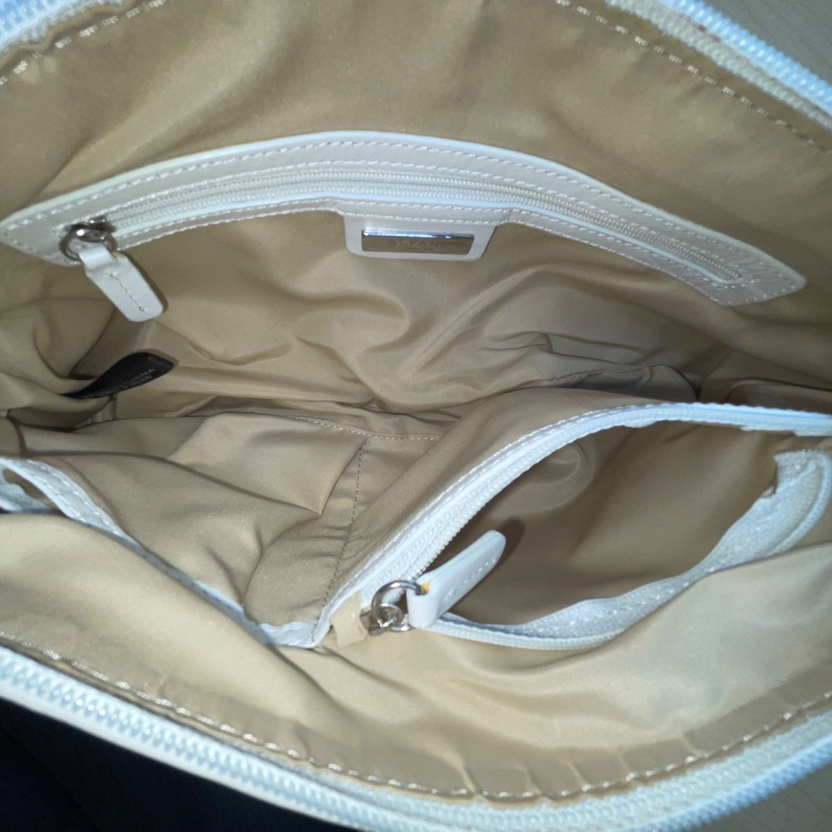 Alfani Womens White Leather Woven Zip Closure Designer Handle Shoulder Bag