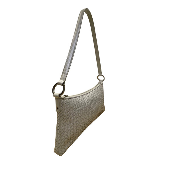 Alfani Womens White Leather Woven Zip Closure Designer Handle Shoulder Bag