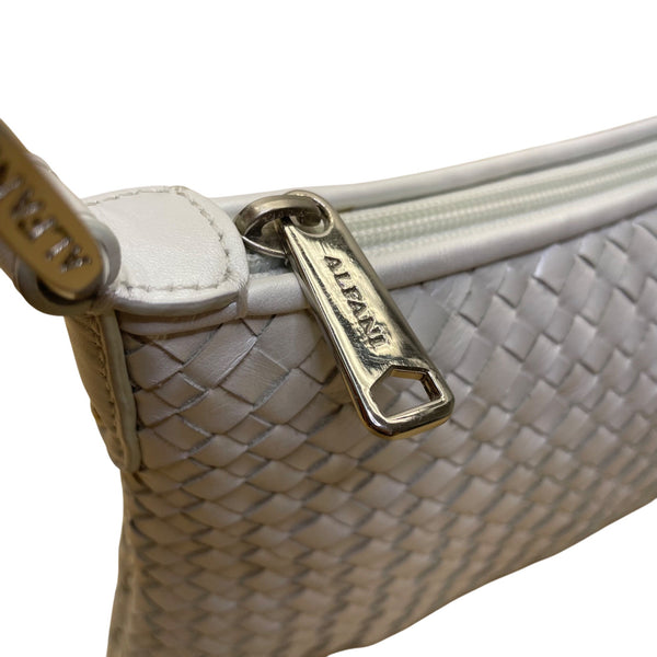 Alfani Womens White Leather Woven Zip Closure Designer Handle Shoulder Bag