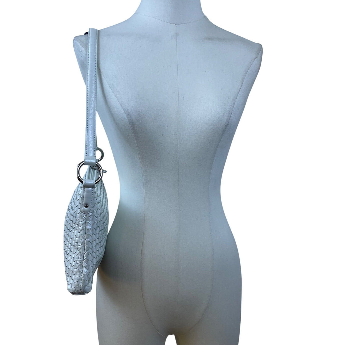 Alfani Womens White Leather Woven Zip Closure Designer Handle Shoulder Bag