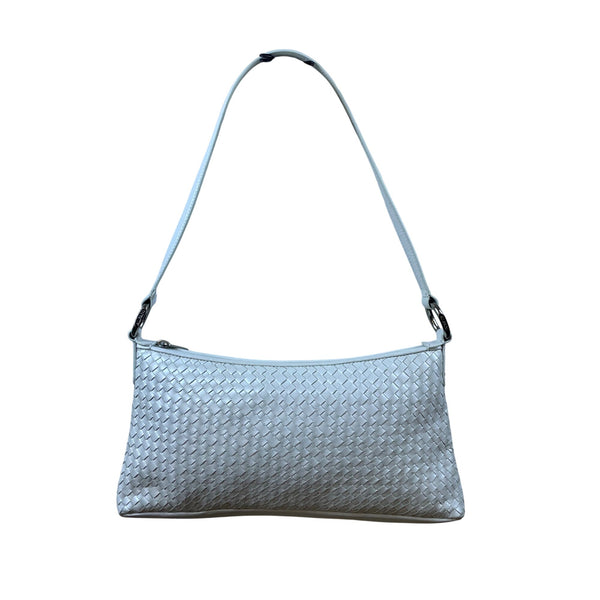 Alfani Womens White Leather Woven Zip Closure Designer Handle Shoulder Bag