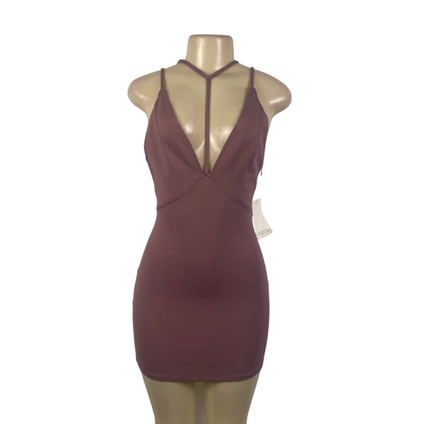 Tobi Womens Mauve Cotton/Nylon Strappy Plunge Mini Dress Stylish Design Sz XS - New