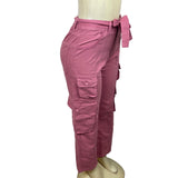 Micoson Women's Pink Cargo High Waist Lace Adjust Capri Pants Sz S - New