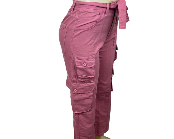 Micoson Women's Pink Cargo High Waist Lace Adjust Capri Pants Sz S - New