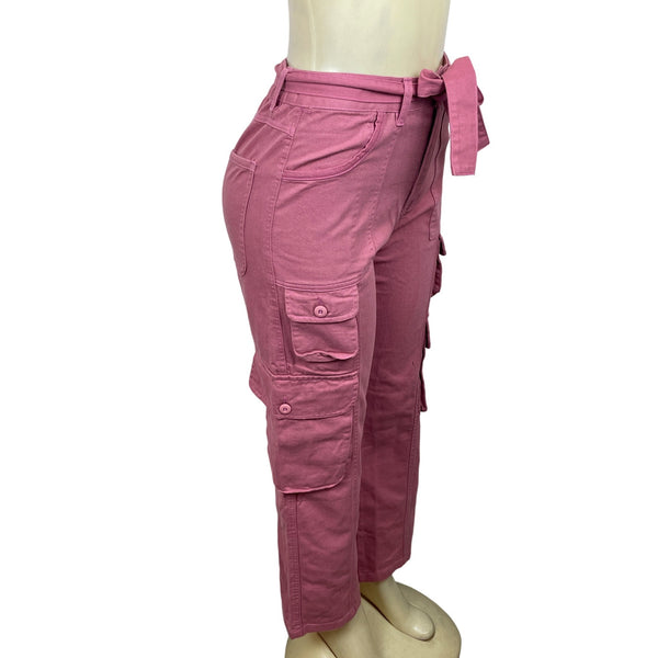 Micoson Women's Pink Cargo High Waist Lace Adjust Capri Pants Sz S - New