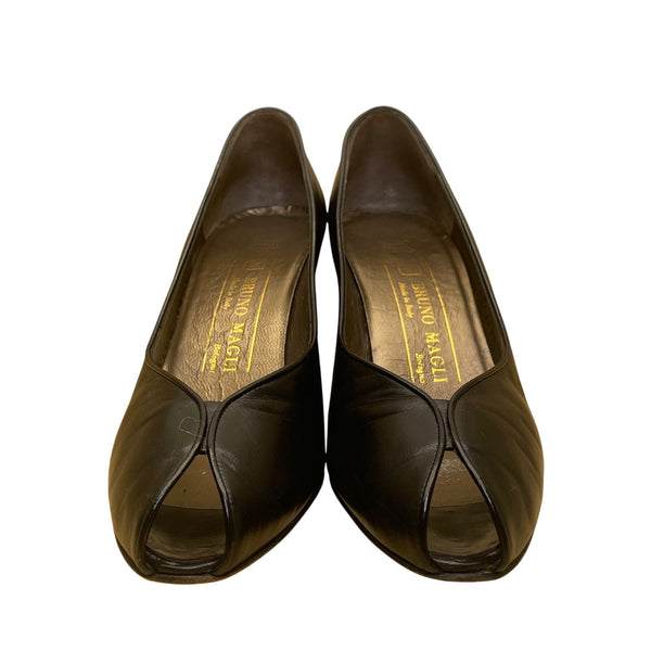 Bruno Magli Women’s Black Leather Peep Toe Heels AAA Narrow Pumps Size 7