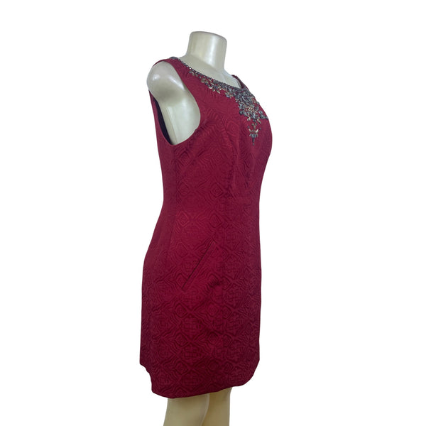 Moulinette Soeurs Sleeveless Red Textured Dress Women’s Embellished Neck Sz 10