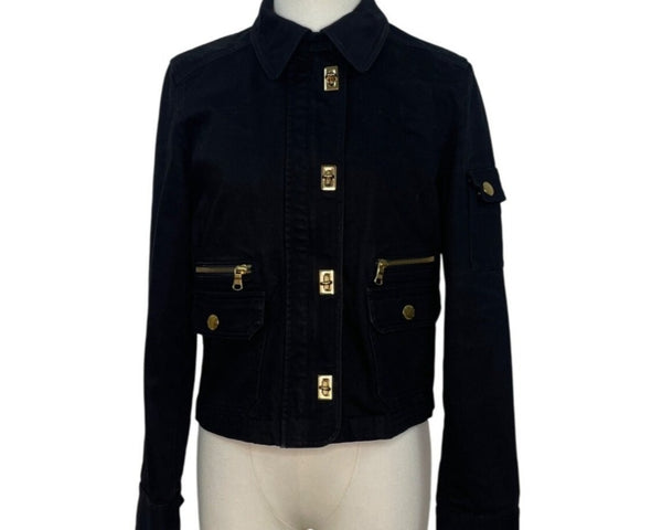 Ralph Lauren Womens Black Stretch Denim Jacket Petite With Gold Hardware Sz P/S
