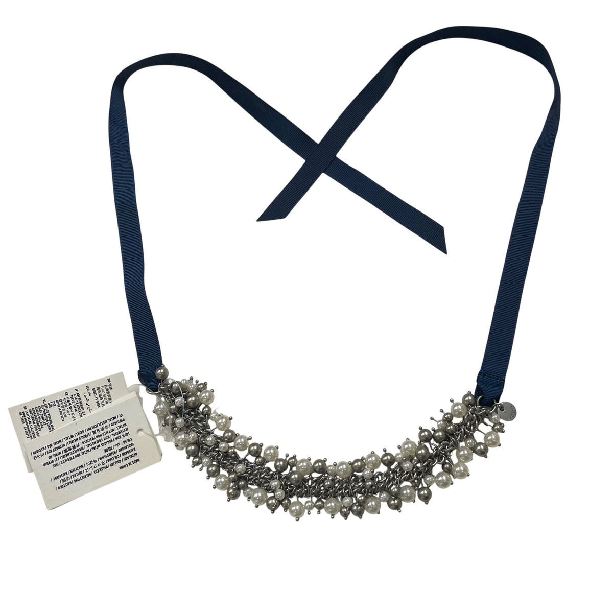 J.Crew Womens Navy & Silver Faux Pearl Ribbon Necklace Adjustable Length