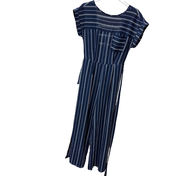 Monteau Womens Navy/White Striped Jumpsuit Medium Lightweight Tie Waist Cropped Pants