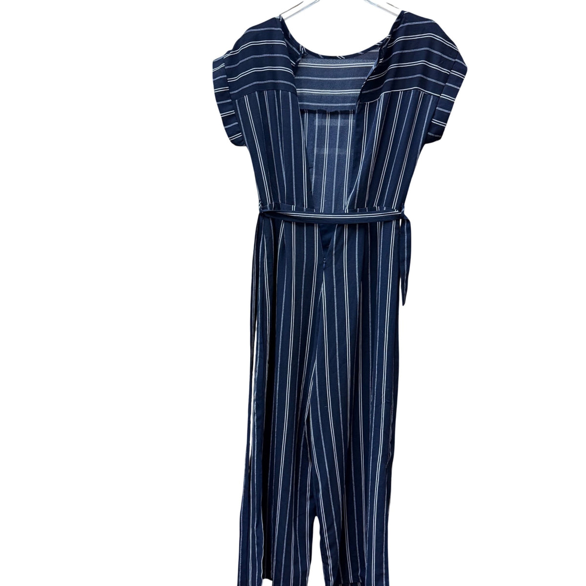 Monteau Womens Navy/White Striped Jumpsuit Medium Lightweight Tie Waist Cropped Pants