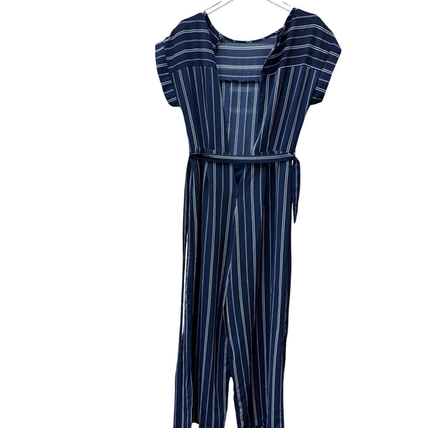 Monteau Womens Navy/White Striped Jumpsuit Medium Lightweight Tie Waist Cropped Pants