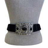 Vintage Silver Buckle Elastic Black Waist Belt With Scalloped Faux Leather Design For Women