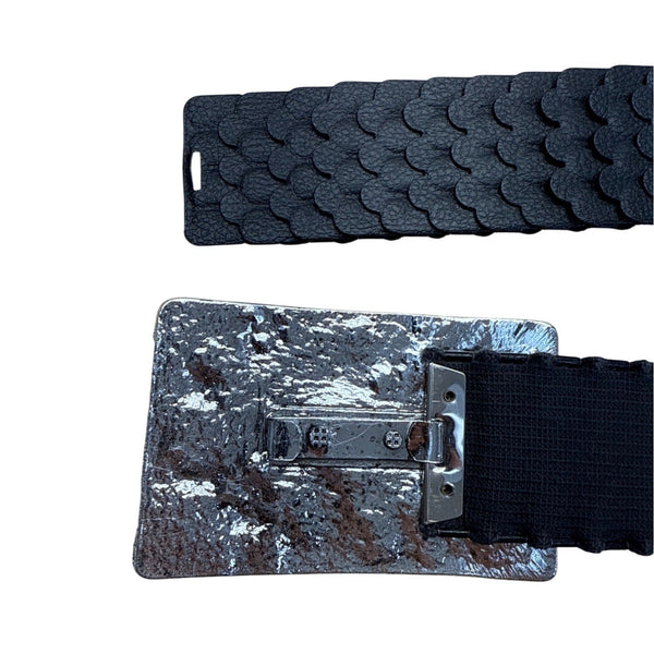 Vintage Silver Buckle Elastic Black Waist Belt With Scalloped Faux Leather Design For Women